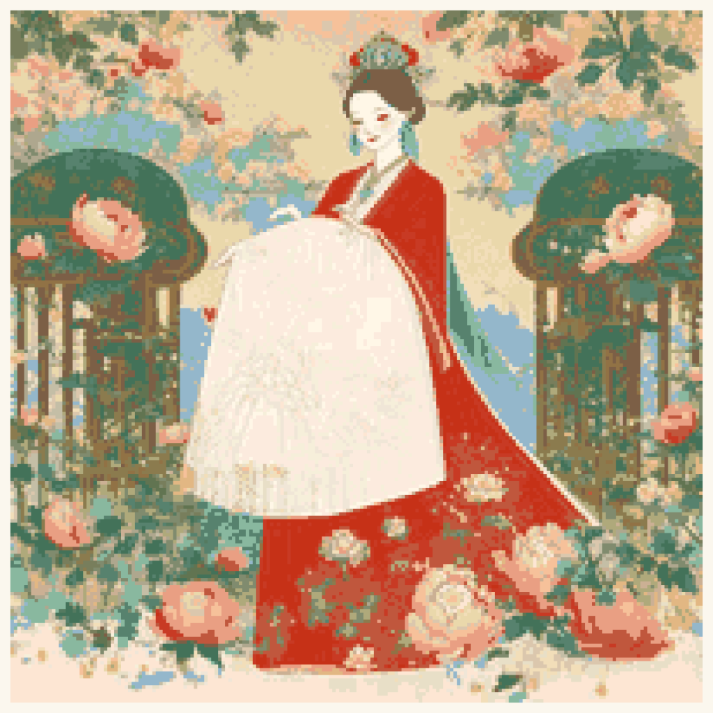 Chinese New Year cross stitch pattern of an imperial court lady in traditional red and gold dress